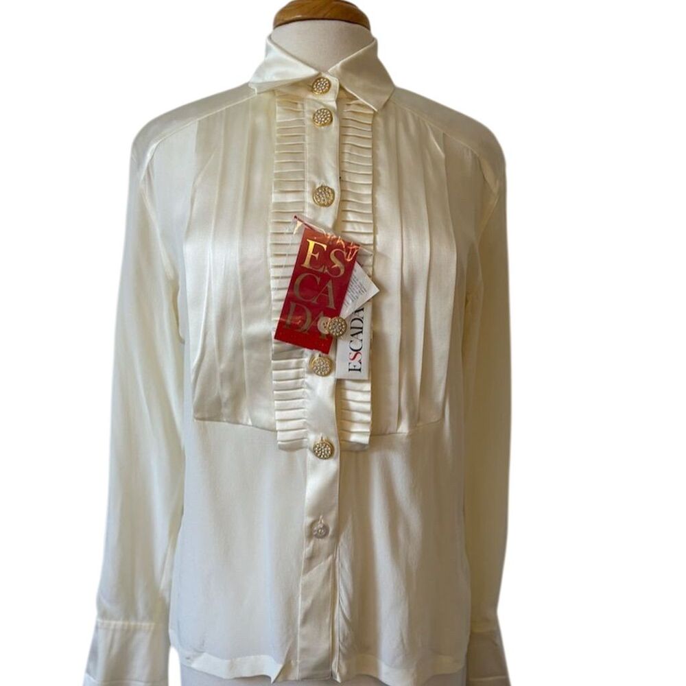 Vintage Escada Women's Ivory Silk Blouse Gold Buttons Size M
